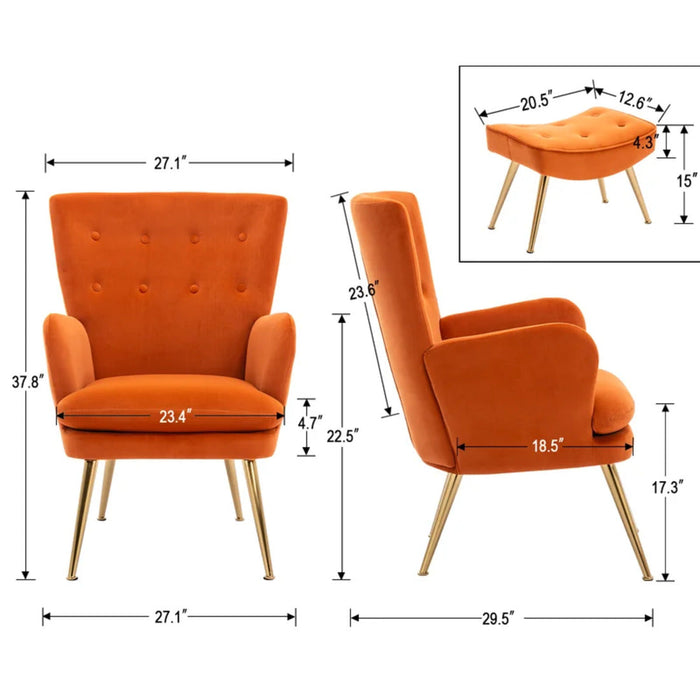 Tufted Long Back Orange Lounge Chair With Ottoman