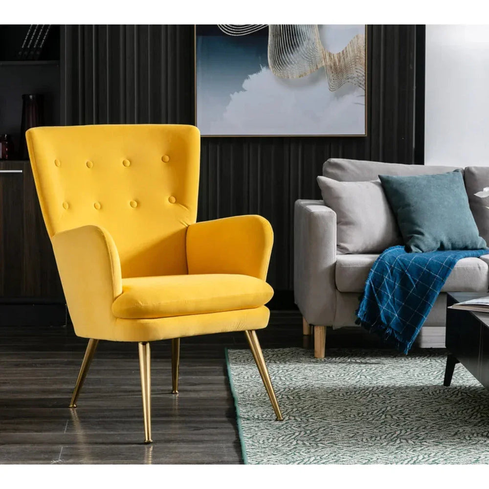Tufted Long Back Yellow Lounge Chair With Ottoman - All India Decor