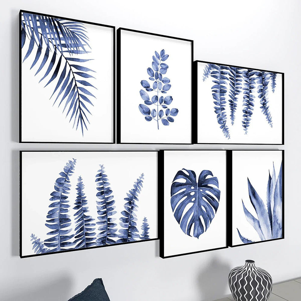 Ink Blue Tropical Ferns Wall Frame Set of 6 - All India Decor