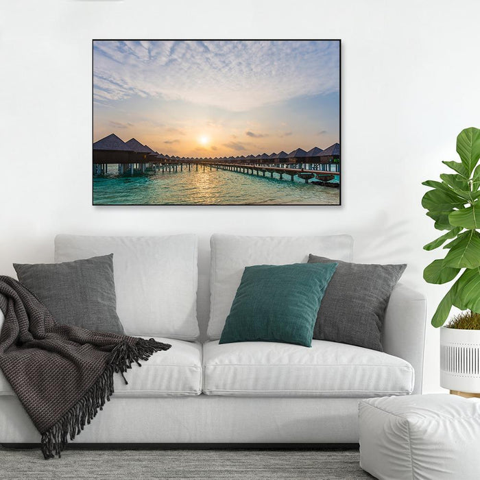 Rising Sun over Maldivian houses Framed Wall Art