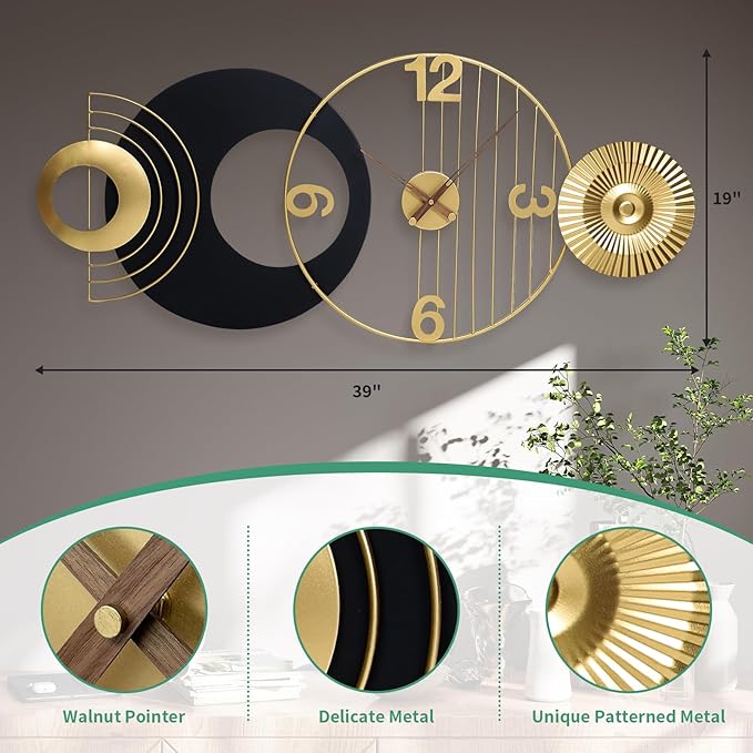 Decorative wall clock with gold and black design, showing measurements and material details.