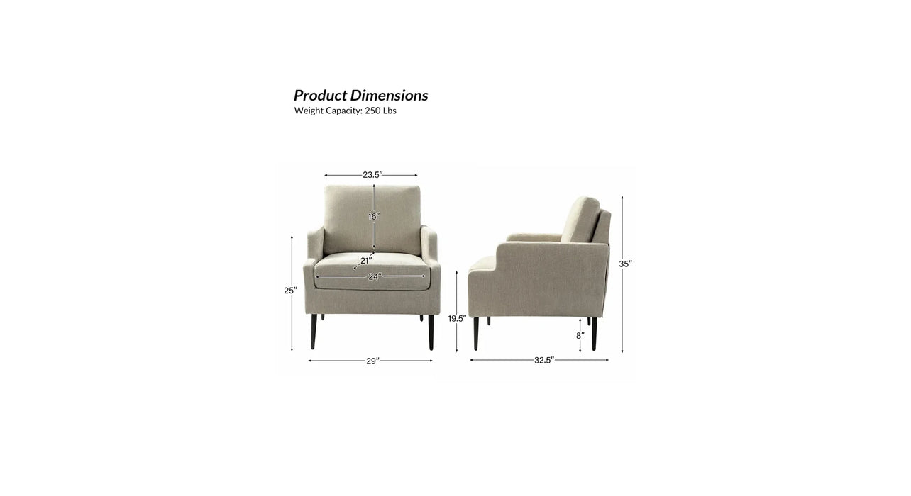 Dimensions of a beige accent chair on a white background