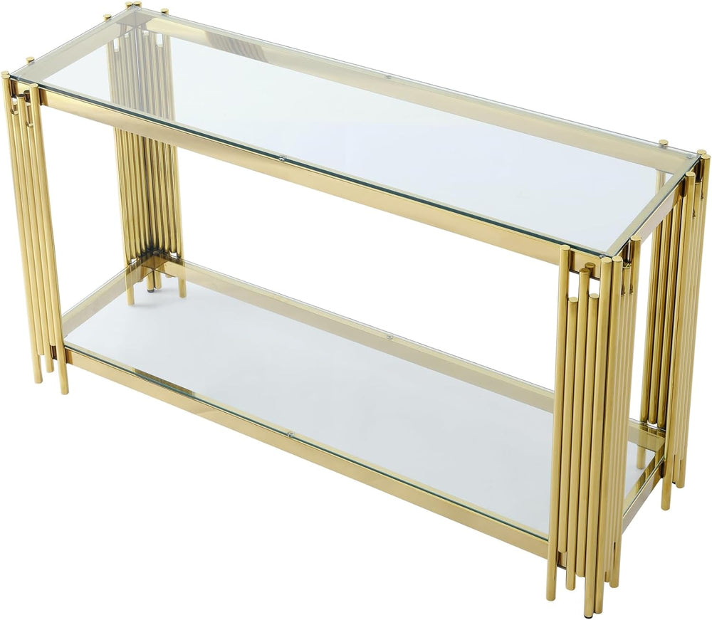 Console table with gold frame and glass top on a white background