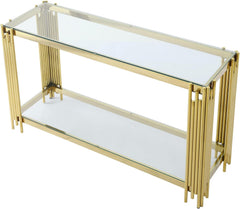 Console table with gold frame and glass top on a white background