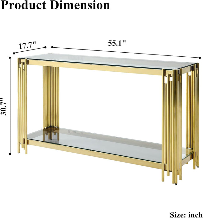 Gold console table with dimensions on a white background
