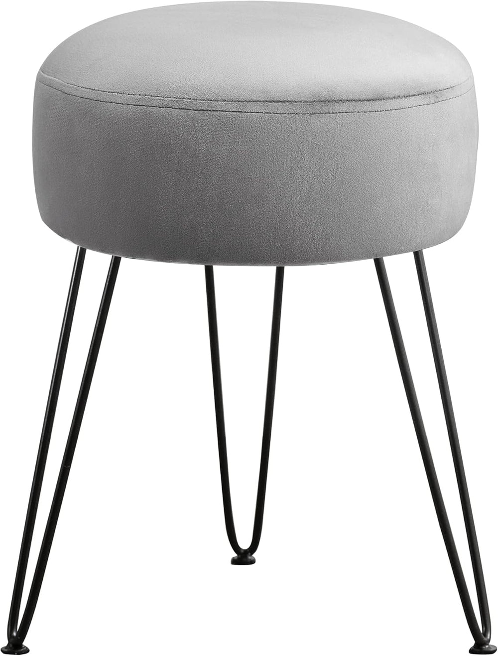 Gray cushioned stool with black metal legs on a white background