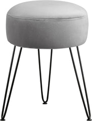 Gray cushioned stool with black metal legs on a white background