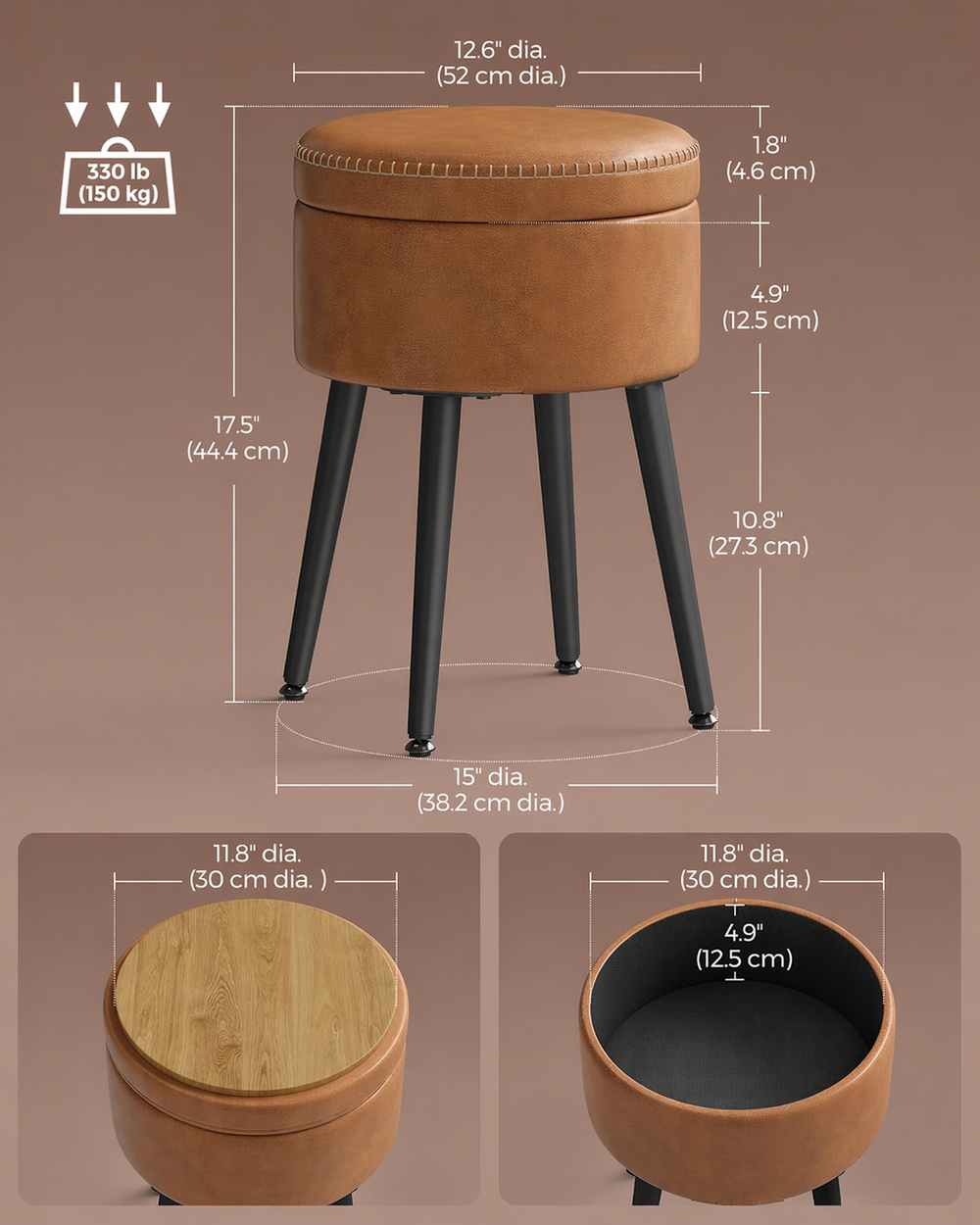 Brown round ottoman with dimensions and weight capacity on a brown background