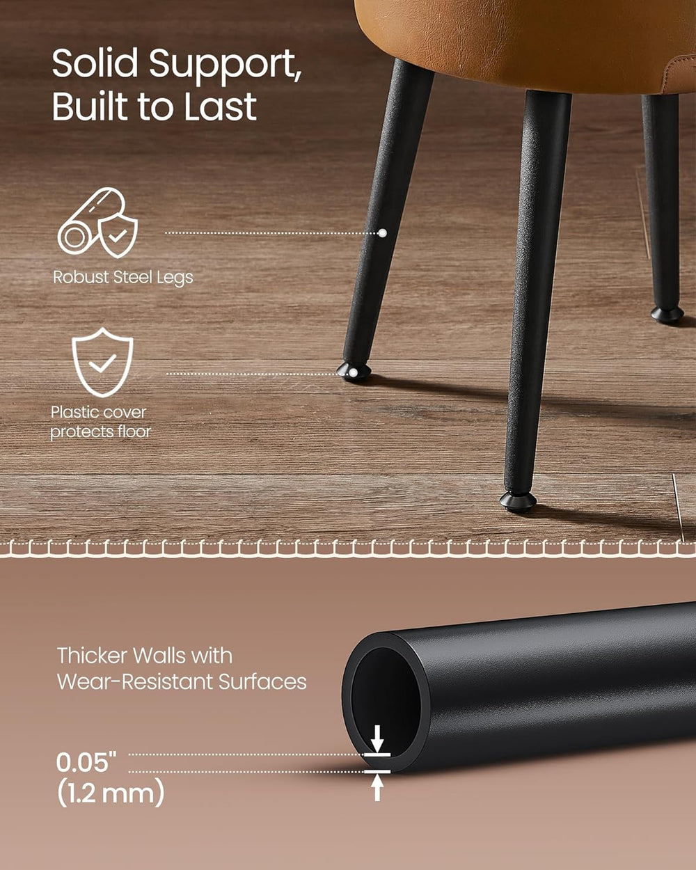 Chair legs with text highlighting robust steel legs and plastic cover on a wooden floor.