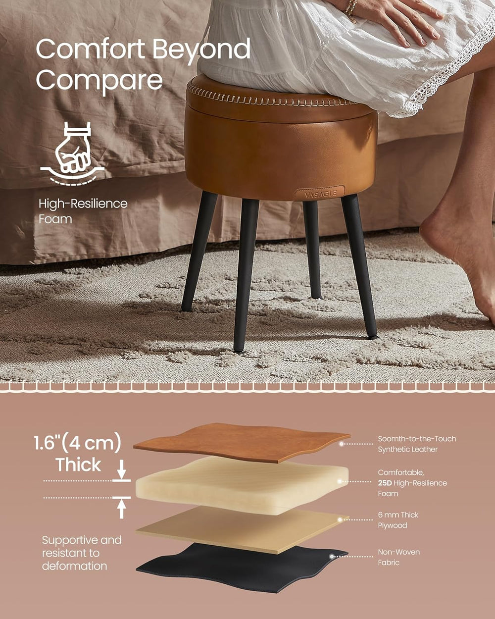 Brown leather ottoman with legs on a carpeted floor, featuring text about comfort and material layers.