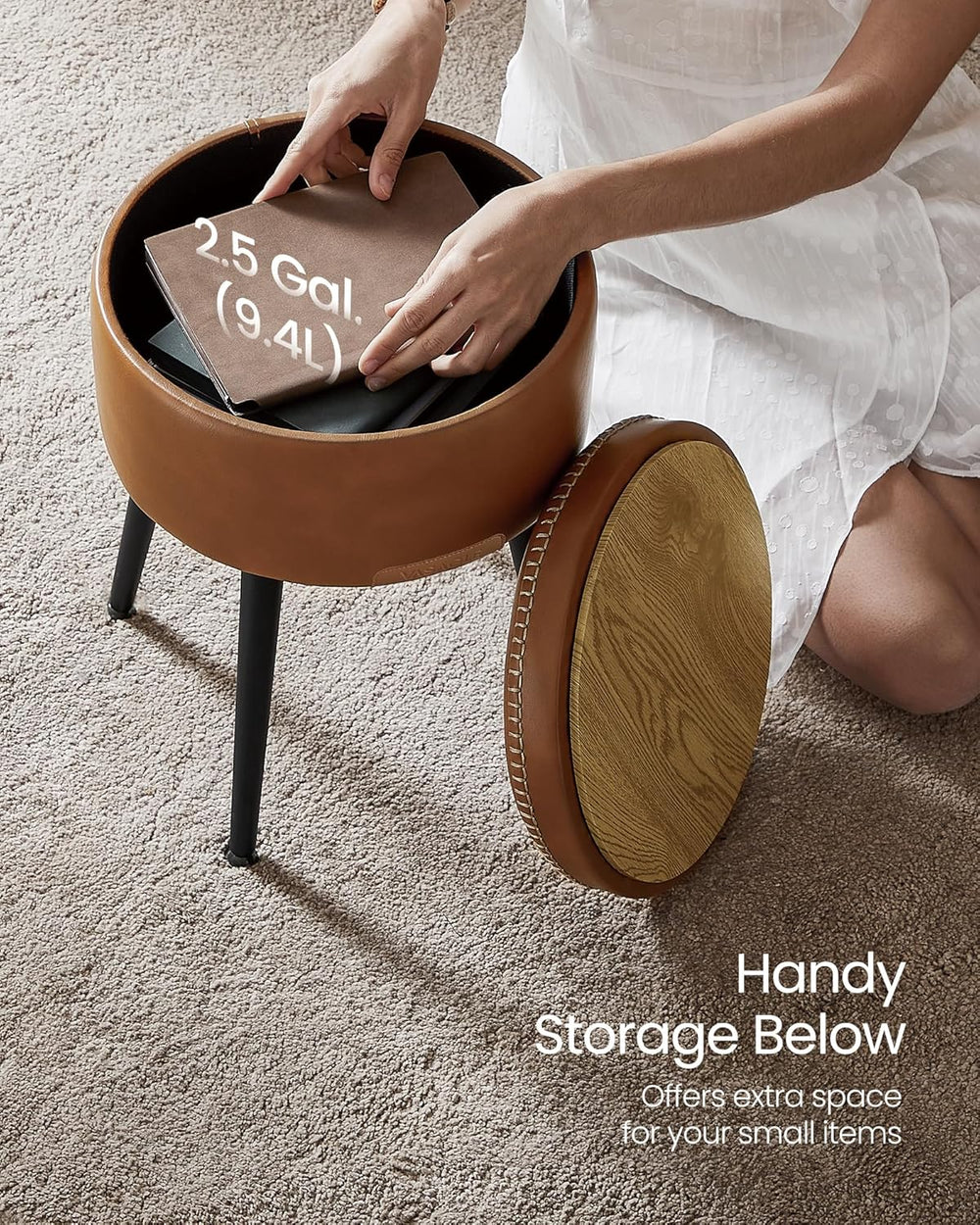 Person placing a container into a round brown stool with wooden top on a carpeted floor.