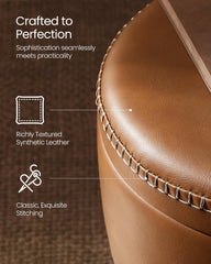 Close-up of a brown leather product with stitching details on a matching brown background.