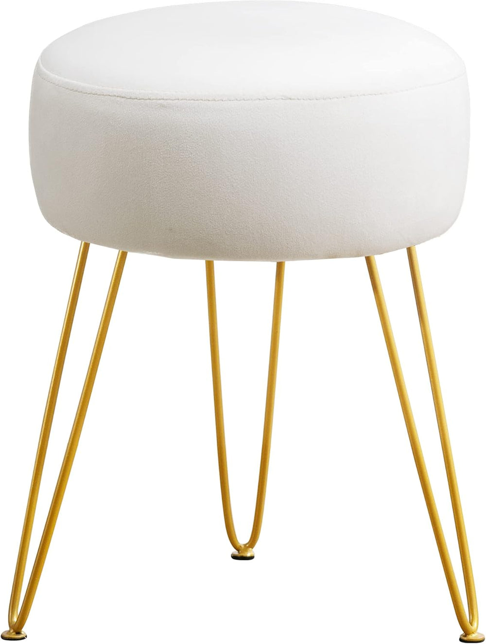 White cushioned stool with gold metal legs on a white background