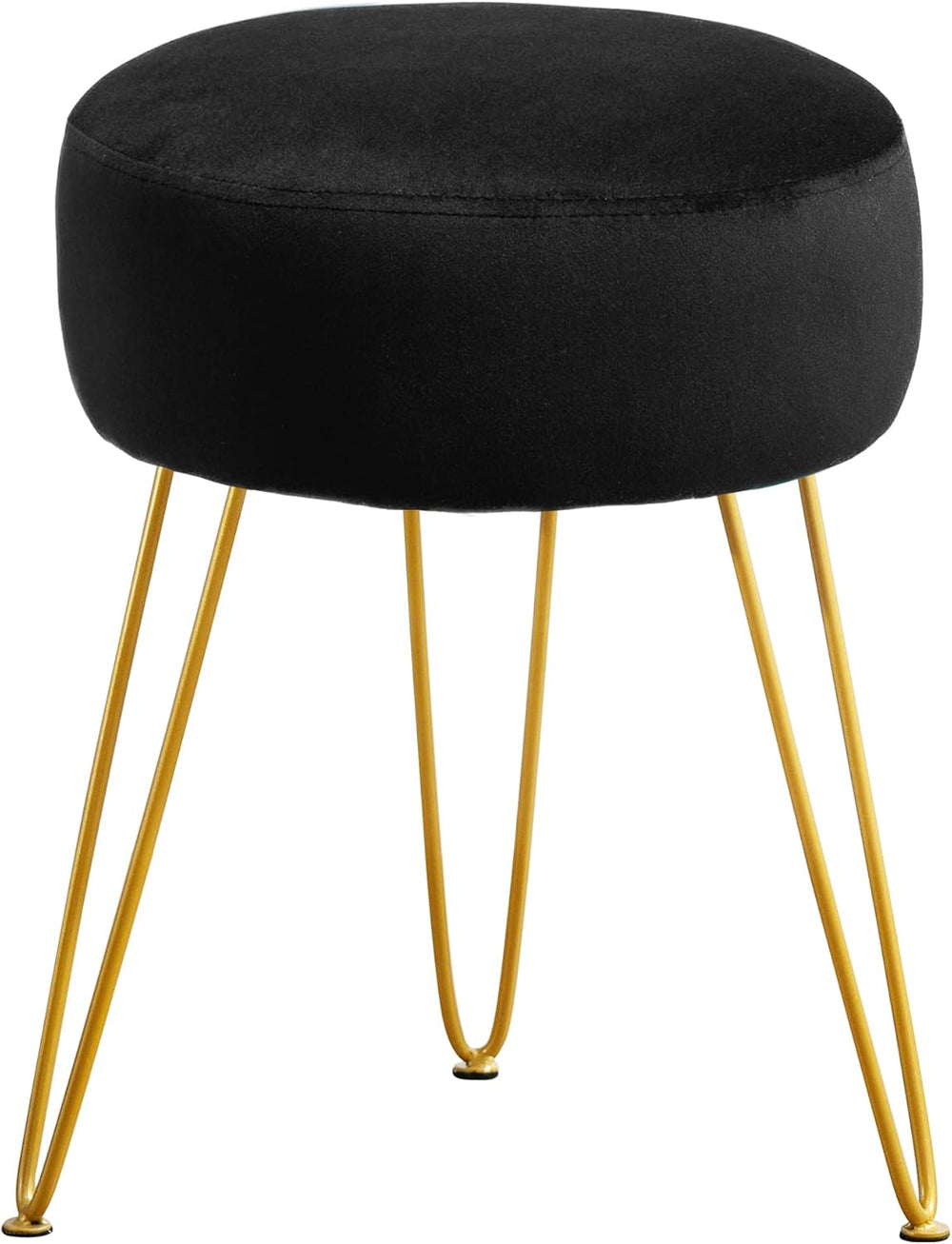 Black round stool with gold metal legs on a white background