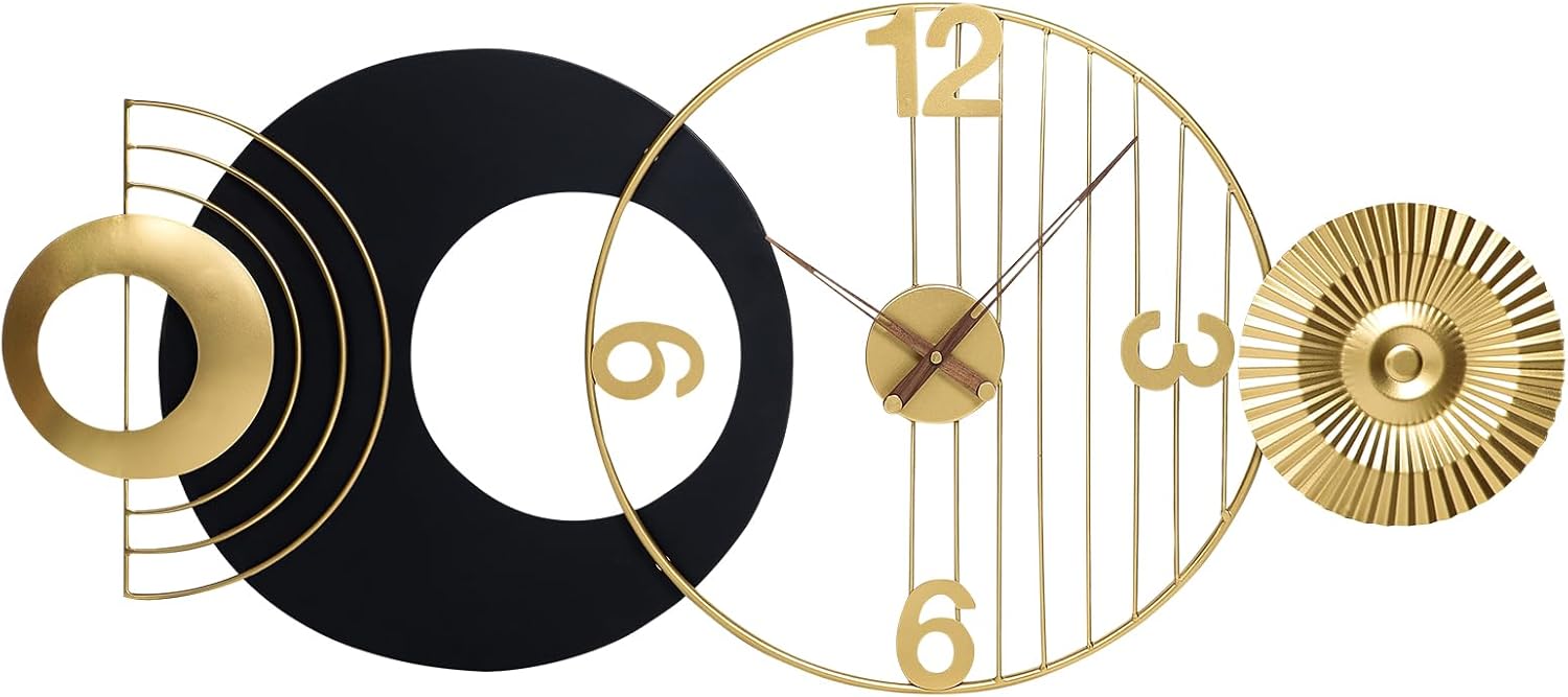 Decorative wall clock with black, gold, and white design elements on a white background