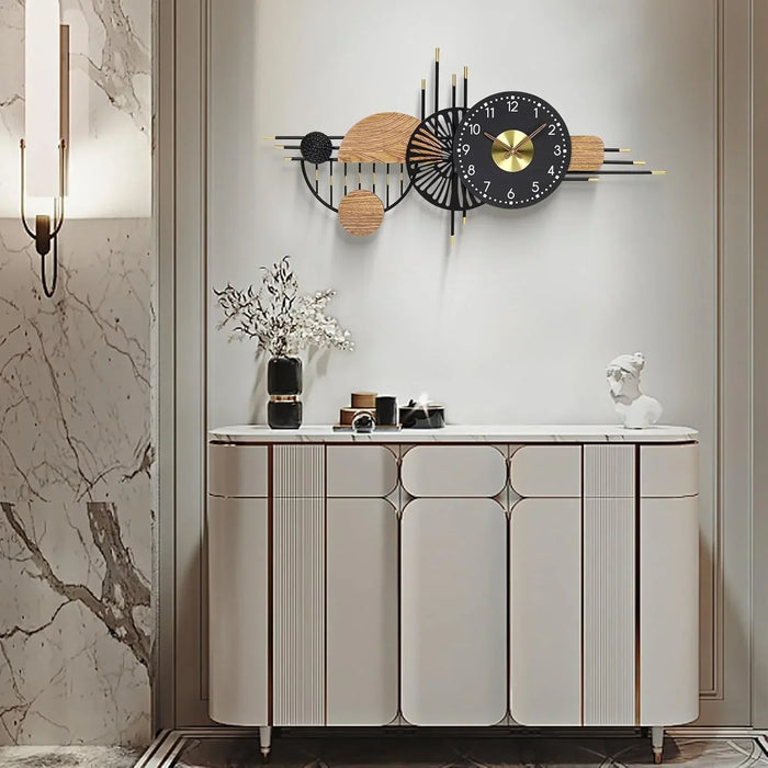 Modern interior design with a white cabinet, decorative clock, and wall lights.