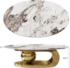 Marble-patterned table with gold base and measurements on a white background