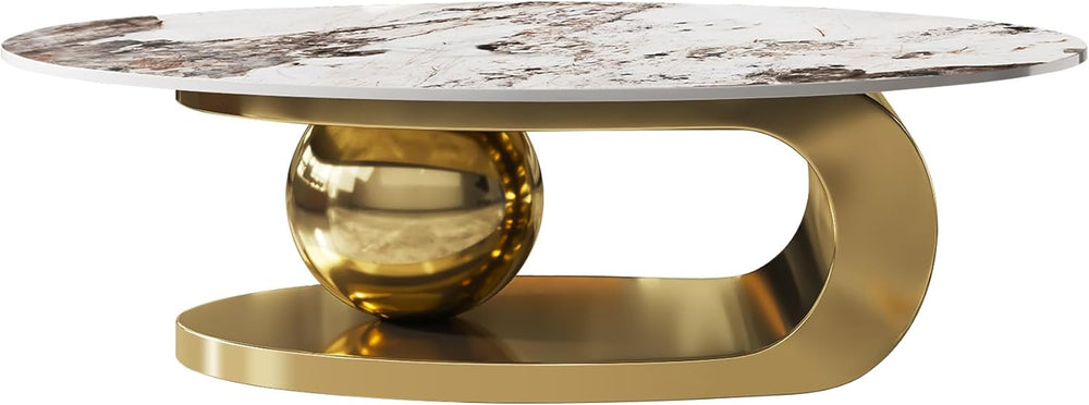 Coffee table with marble top and gold base on a white background