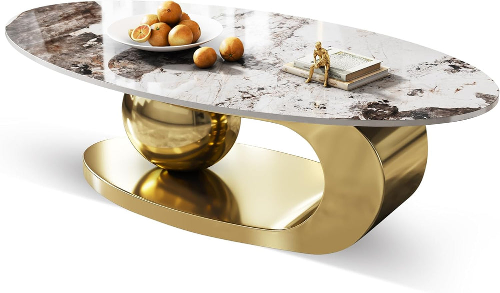 Coffee table with marble top and gold base on a white background