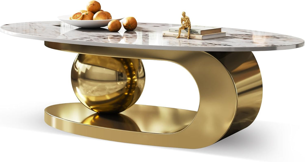 Modern coffee table with gold base and marble top on a white background