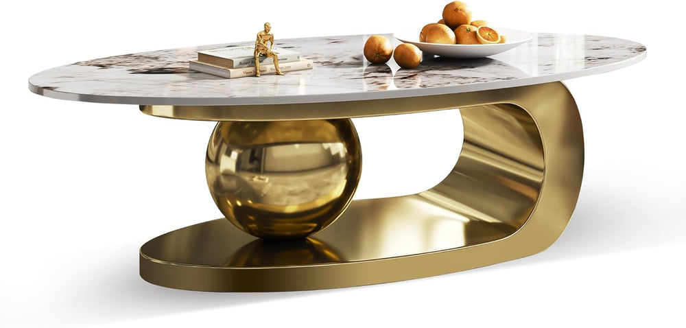 Coffee table with marble top and gold base on a white background