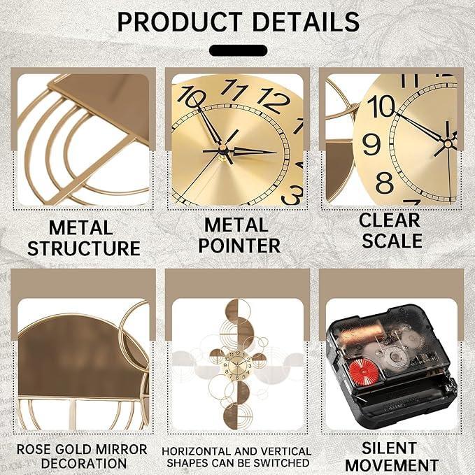 Product details of a wall clock with metal structure, rose gold mirror decoration, and silent movement on a textured background.