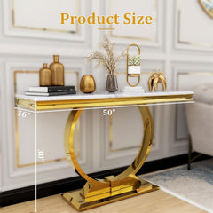 Gold console table with measurements in a room setting