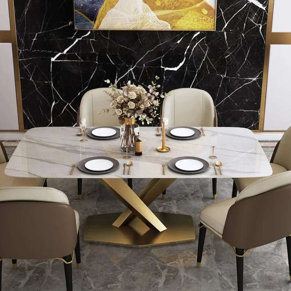 Stardust Dining Table Set – Stainless Steel Gold PVD Finish with Beige & Brown Cushioned Chairs - All India Decor