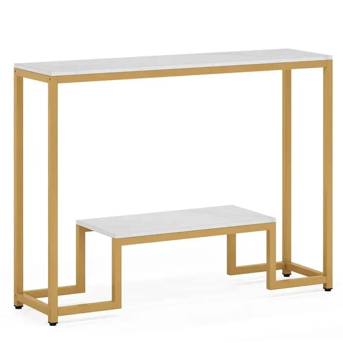 Two white tables with gold frames on a white background