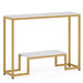 Two white tables with gold frames on a white background
