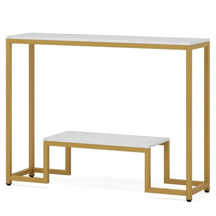 Two small tables with white tops and gold frames on a white background