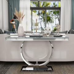 Modern console table with decorative items in a living room setting