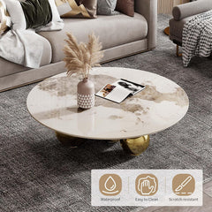 Round marble coffee table in a living room with decorative items and a label indicating features.