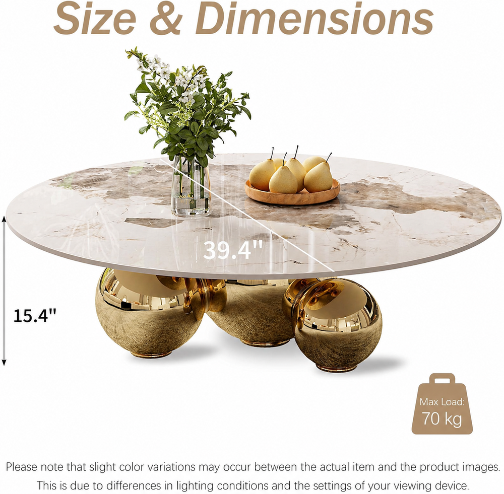 Round marble coffee table with gold legs and measurements on a white background
