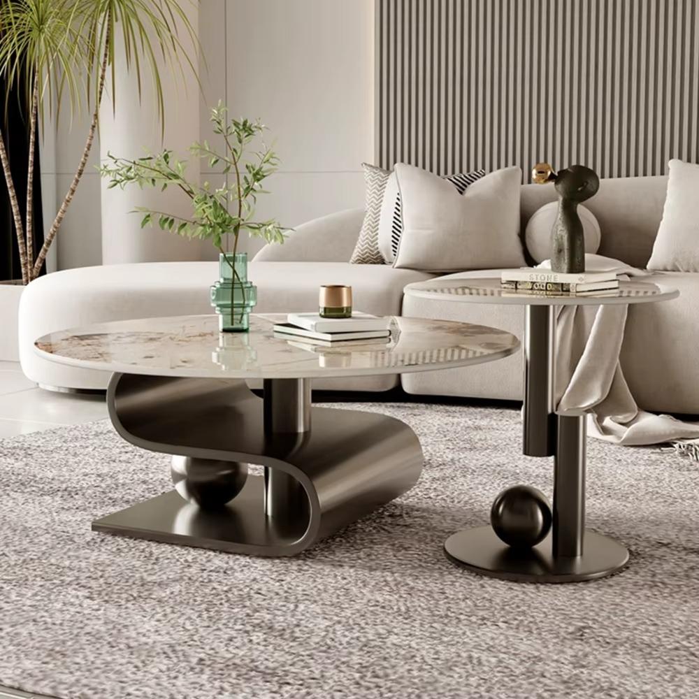 Modern living room with a stylish coffee table and decorative items.