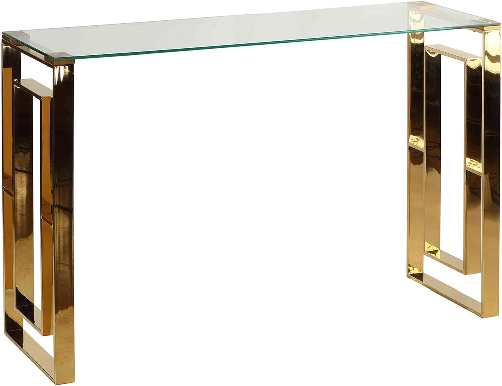 Glass console table with gold metal frame on a white background