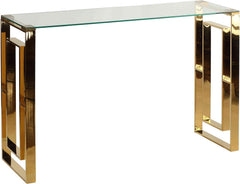 Glass console table with gold metal frame on a white background