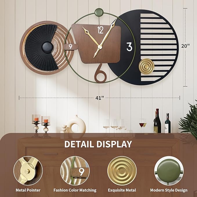 Decorative wall clock with detailed design elements on a wooden surface.