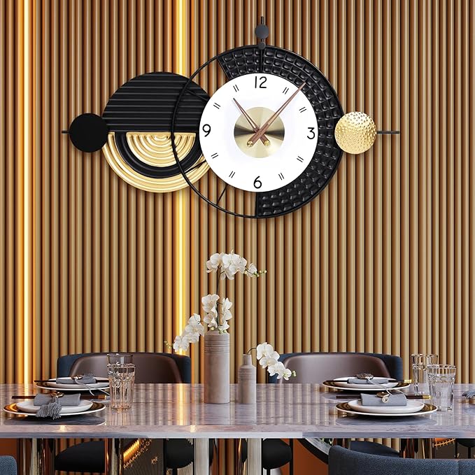 Modern wall clock with decorative design in a dining room setting