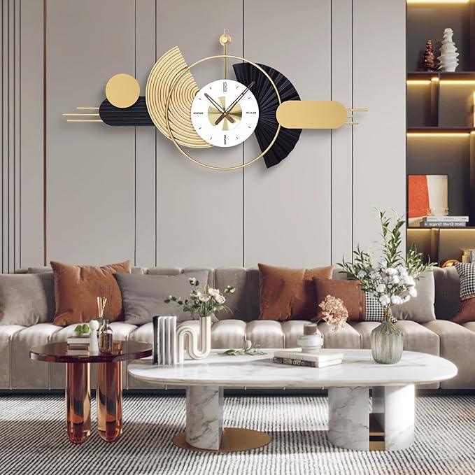 Modern stylish wall clock in a modern living room setting with a sofa and coffee table.