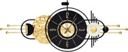 Decorative wall clock with black and gold design on a white background