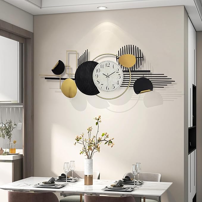 Modern wall clock with decorative elements in a dining room setting