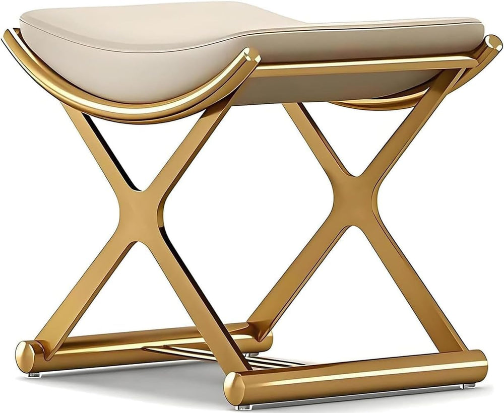 Beige ottoman with gold metal frame on a white background