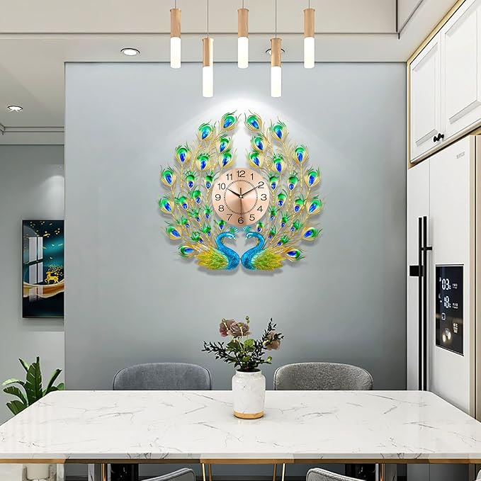 Decorative peacock wall clock in a modern kitchen setting