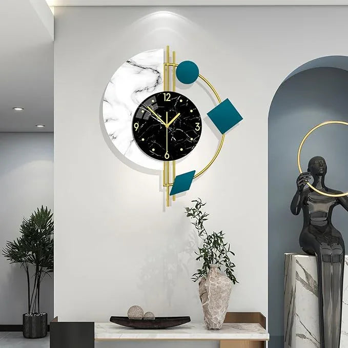 Modern wall clock with marble design on a stylish interior wall.