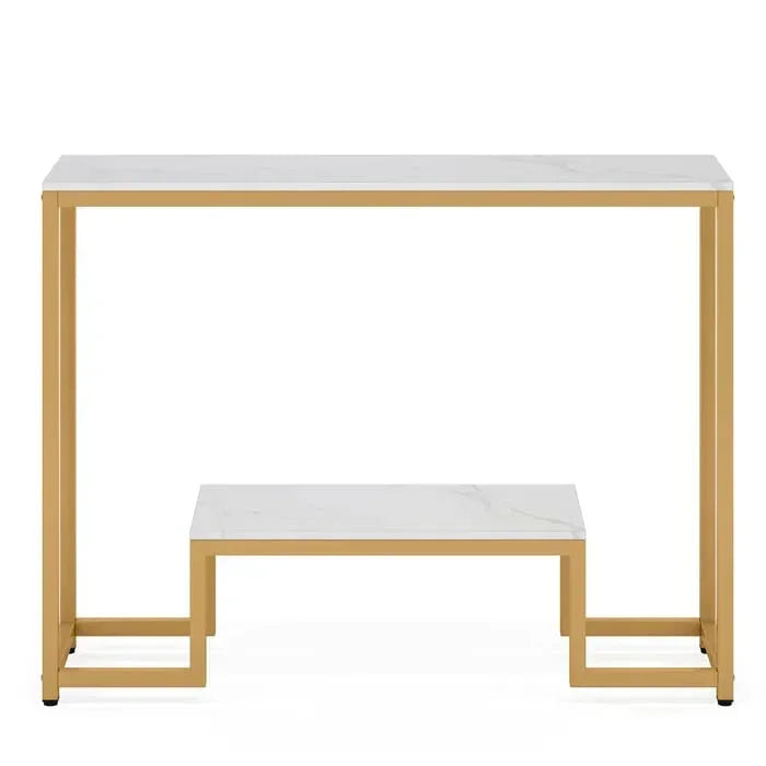 Two small tables with white tops and gold frames on a white background