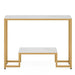 Two small tables with white tops and gold frames on a white background