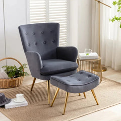 Tufted Long Back Grey Lounge Chair With Ottoman - All India Decor