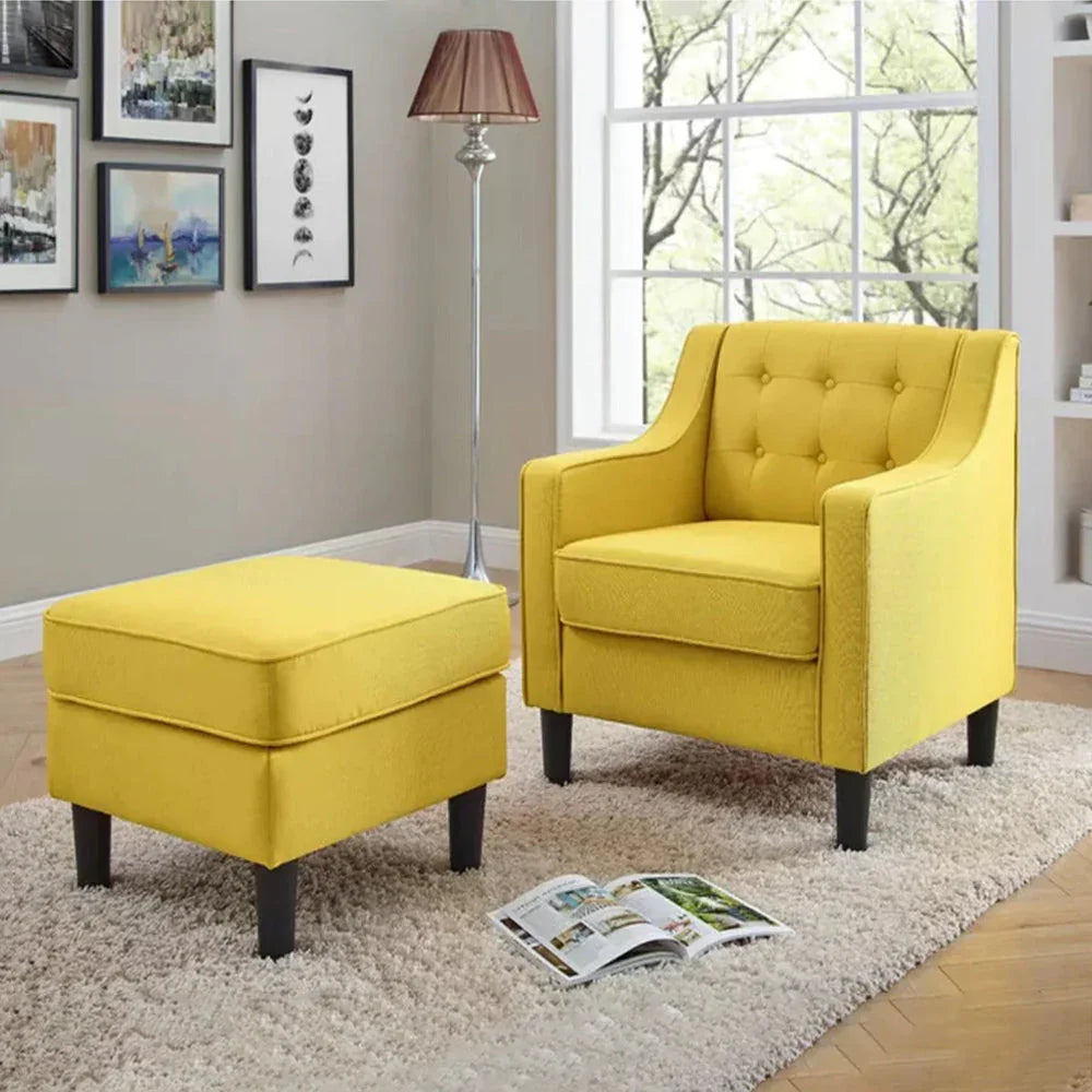 Yellow Tufted Comfy Lounge Chair With Ottoman - All India Decor