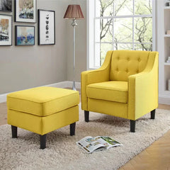 Yellow Tufted Comfy Lounge Chair With Ottoman - All India Decor
